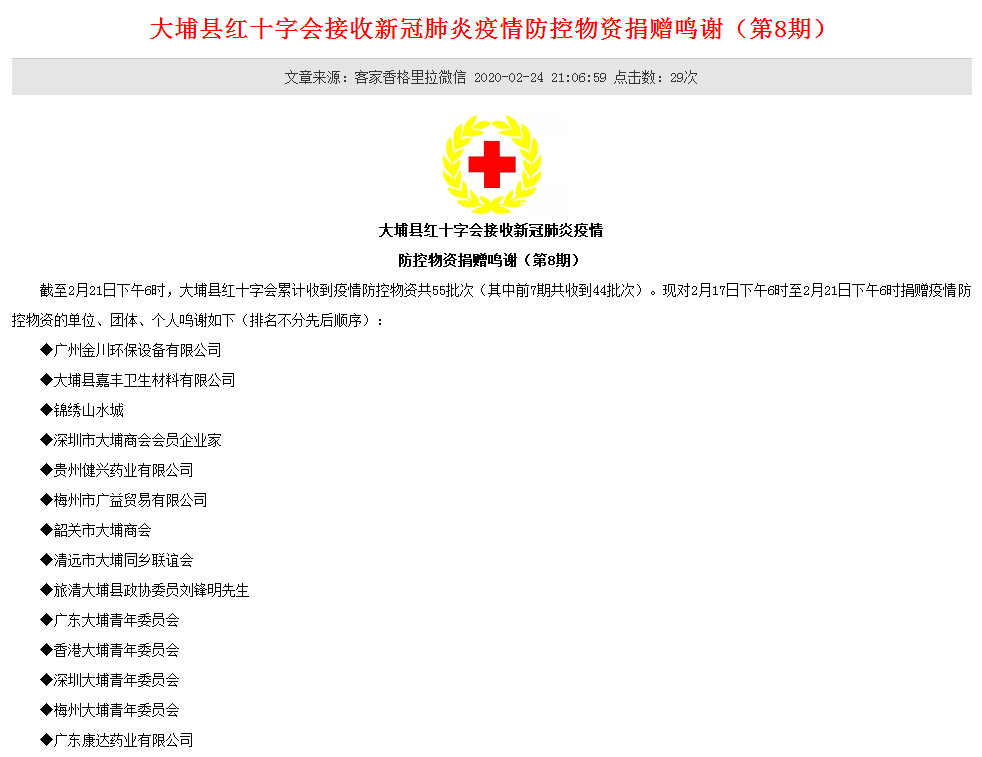 金川給大埔縣紅十字會(huì)、蕉嶺縣紅十字會(huì)等捐贈(zèng)消毒液用于疫情防控